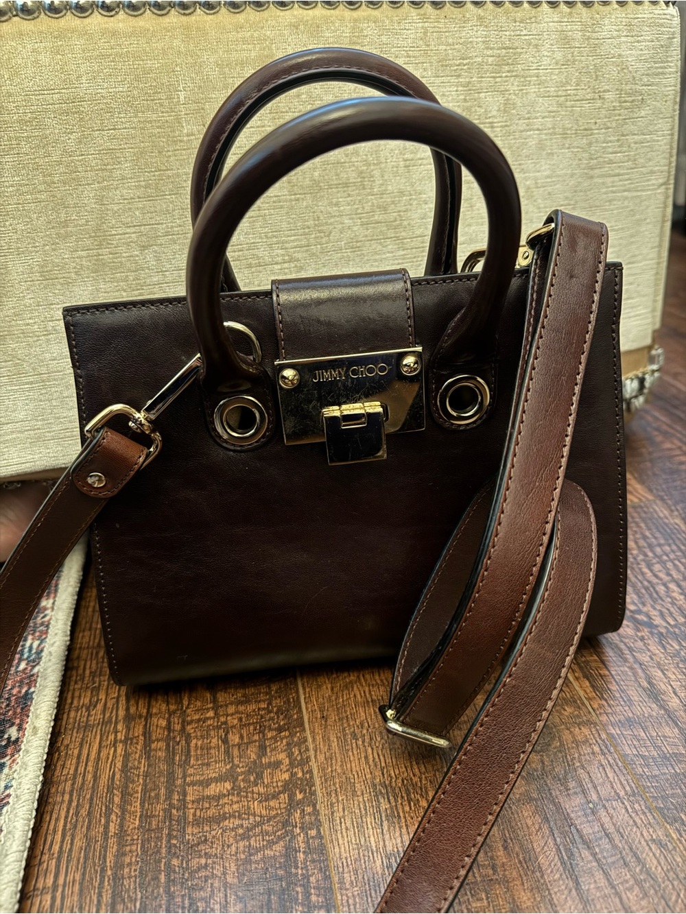 Vintage Jimmy Choo Dark Brown Leather Top-Handle Bag with Detachable Strap